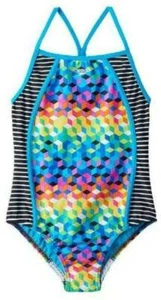 Girls Swimsuit Speedo Racerback 1 Pc Blue Multi Geo Bathing Suit $44-sz 12 - Picture 1 of 6