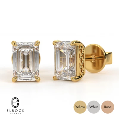 IGI Certified Emerald Cut Lab Grown Diamond Stud Earrings 14K Gold F VS1 - Image 1 of 4