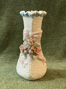 Vintage 6” Iridescent Porcelain Teddy Bear Heart-Shaped Vase - Picture 1 of 11