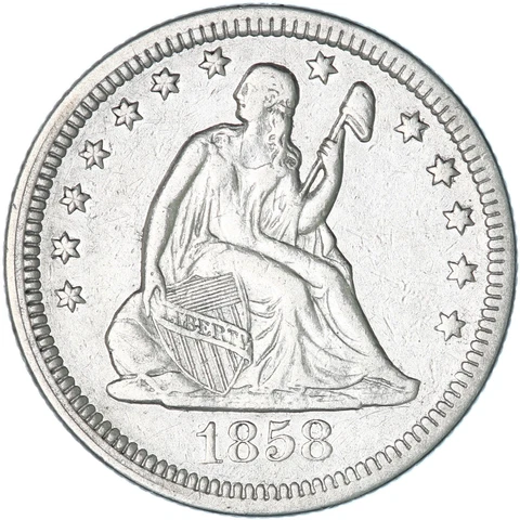 1858 (P) Seated Liberty Quarter 90% Silver Extra Fine XF Cleaned See Pics F105 Cover