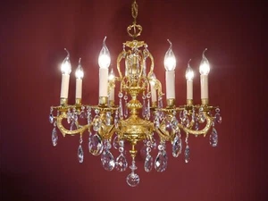 ANTIQUE CHANDELIER FRENCH BRASS GOLD BRONZE LIGHTS CRYSTAL BRASS 8 LAMP - Picture 1 of 11