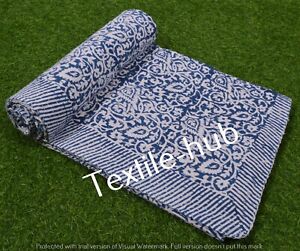 Indian Kantha Quilt Bedspread Bedding Throw Cotton Blanket Hand Block Print Art