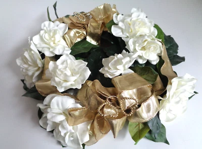 Anillo Vela Corona Artificial Seda Rosas Blancas Cinta Oro Boda Aniversario Foto 1 de 4