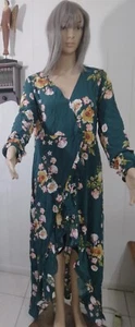 Luolisi Dress Green Fl Print Ruffle Detail XL Long Sleeve Open Forward Long 57" - Picture 1 of 5