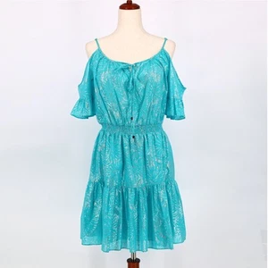 Michael Kors Women Turquoise Foil Cotton Cold-Shoulder Tiered Mini Dress Size XS - Picture 1 of 3
