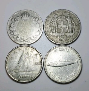 Lote de 4 monedas pequeñas vintage tamaño centavo 2 plata Canadá Gran Bretaña Grecia - Imagen 1 de 2