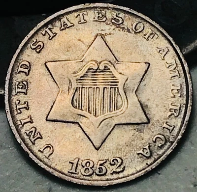 1852 Three Cent Silver Piece Trime 3c Type 1 Ungraded Choice US Coin CC27402 - Image 1 of 4