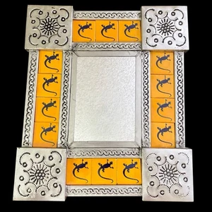 Punched Tin Tile Mirror Talavera Mexico 16”x14” Mexican Folk Art Wall Decor - Picture 1 of 7