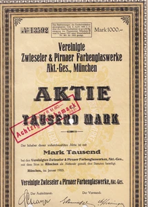 (Nr. 285 ) Aktie, Zwieseler & Pirnaer Farbenglaswerke, 1923 - Bild 1 von 1