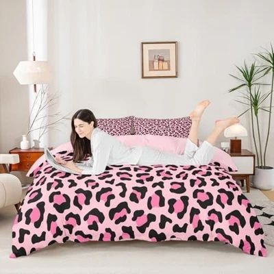 Pink Leopard Print Bedding Set African Cheetah Wildlife Fur Full Pink Black - Image 1 of 4