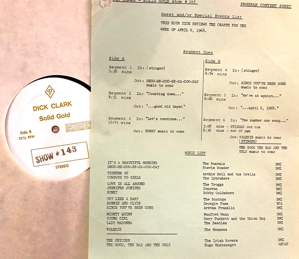 DICK CLARK SOLID GOLD SHOW #143, 16 TUNES, RARE INTERVIEWS, HITS FROM APRIL '68 - Image 1 of 1