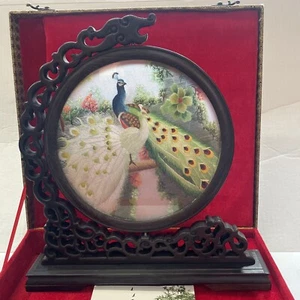 Silk Double Sided Framed Chinese Embroidered Peacock Art Decorative Piece - Picture 1 of 10