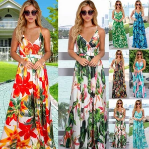 Summer Womens Ladies Beach Floral Holiday Long Maxi Dresses Sundress Sling Dress - Picture 1 of 16