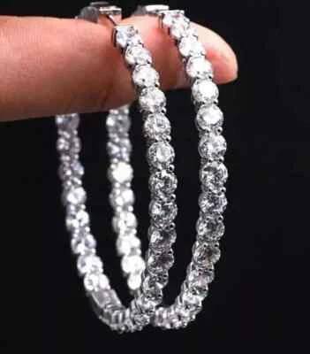 Women Lab Created Diamond Inside Out Hoop Earring 14K White Gold Plated 1.5 inch - Image 1 of 4