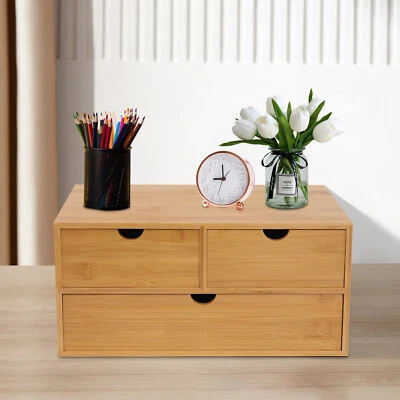 Bamboo Desk Organizer -Tabletop Mini Bamboo Desk Drawer Storage Box w/ 3 Drawers - Image 1 of 4