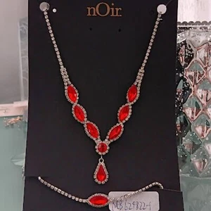 NOIR JEWELRY 2pc SET Glamorous Silver Clear & Ruby Red Crystal Necklace/Bracelet - Picture 1 of 4