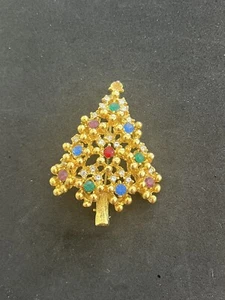 EISENBERG Vtg Gold Tone Multi Colored Rhinestone Christmas Tree Brooch - Picture 1 of 5