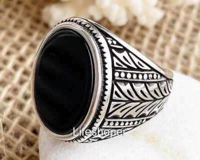 Fatto a Mano Turkish Onice Nera Uomo Anello 925 Anello Argento Sterling Sigillo - Immagine 1 di 4