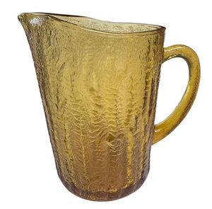 Vintage Amber Glass Pitcher 8.5” Textured Bark Mid Century Modern Heavy - Picture 1 of 9