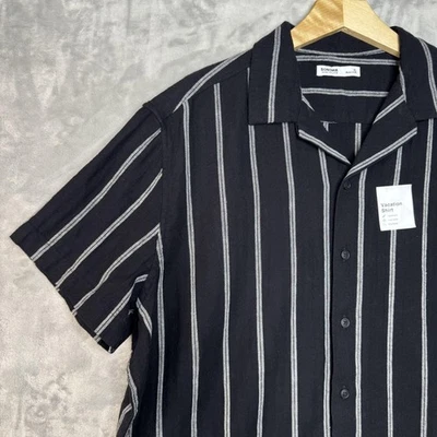 Camisa de vacaciones Sonoma para hombre XL negra a rayas mezcla de lino manga corta botón nueva Foto 1 de 4