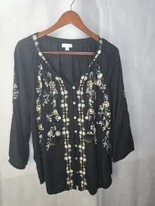 Top tunica J. Jill nero rayon boho ricamato nappa pieno bottone scollo a V XL - Foto 1 di 22