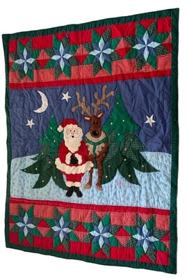 Reindeer Santa Moon Stars Quilt Throw Lap Blanket Xmas Tree Appliqué Fuzzy READ - Image 1 of 4