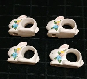 Lot Of 4 Ceramic  White Spring Bunny Rabbit  Napkin Ring Holders Flowers Easter  - Picture 1 of 8
