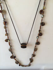Acrylic Tiger Eye Style Drum Pendant Necklace 28"L & A Brown Shell Necklace 35"L
