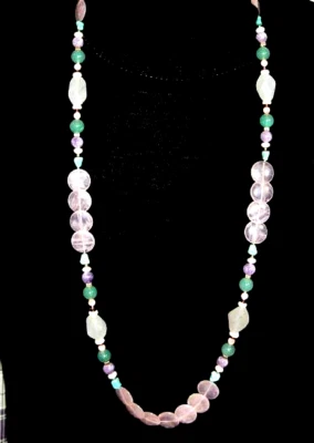 COLLAR HEBRA RELLENO DE ORO CUENTAS MIXTAS CUARZO ROSA VINTAGE 20" LARGO Foto 1 de 4