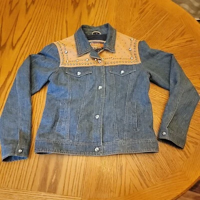 Cripple Creek Denim Jacket Womens Size M Blue Leather Studs Snap Western - Image 1 of 4