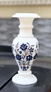 7" White Marble Flower Vase Lapis Floral Inlay Arts Elegant Living Room Decors - Picture 1 of 7