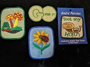 4 Vintage 1970s Patches Frog Toadstool, Ladybug Flower, Toot My Horn, Go For It! - Picture 1 of 3