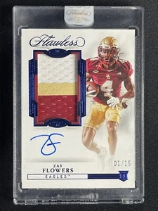 ZAY FLOWERS 1 /15 SAPPHIRE ROOKIE PATCH ON CARD AUTO AUTOGRAPH 2023 FLAWLESS RPA - Picture 1 of 10