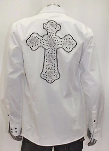 Men's White Rhinestones 6 Skulls Cross Long Sleeve Button Down Shirt - Picture 1 of 5