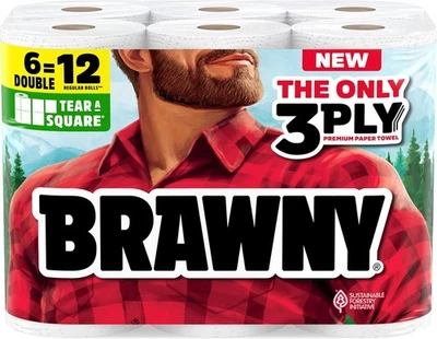 Brawny Tear-A-Square 3-Ply Paper Towels, 6 Double Rolls = 12 Regular Rolls, Stro