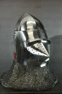 Medieval Bascinet Helmet with Chainmail Aventail Battle Knight Ready Helmet Gift - Picture 1 of 4