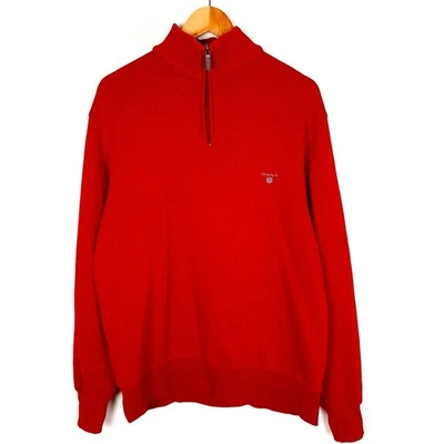 Pull homme GANT taille M rouge quart zip col haut coton pull maille serrée - Photo 1/4