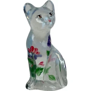 Fenton Lenox Figur Kunst Glas sitzende Katze klar Blume floral bemalt signiert 4 Zoll - Bild 1 von 5