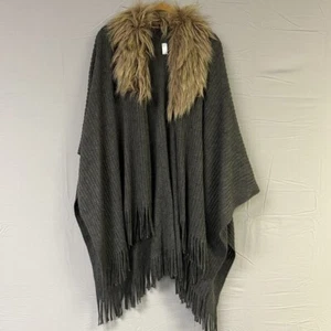 Achtung Schal Einheitsgröße Kunstfellbesatz grau Wolle Fransen Saum - Bild 1 von 6
