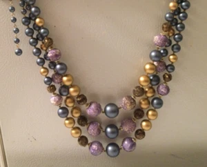 Vintage 3 Strand purple, blue, Matte gold beaded 24 inch necklace - Picture 1 of 5