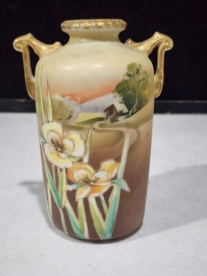 Antique Nippon Hand Painted 6 1/4" Double Handle Landscape Yellow Iris Vase - Image 1 of 4