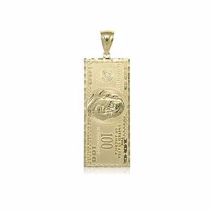 10K Solid Yellow Gold One Hundred Dollar Pendant -$100 Bill Money Necklace Charm - Picture 1 of 8