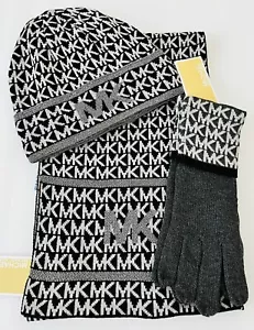 Michael Kors 3-teiliges Set Schal, Mütze & Handschuhe Repeat Mk Logo schwarz & grau - Bild 1 von 11