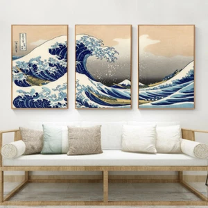 Set 3 Great Wave off Kanagawa Japan Ukiyoe Paint Silk Canvas Poster Unframed U84 - Picture 1 of 10