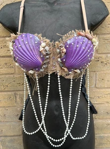 Impresionante Sujetador Sirena Real Shell Top Rave Dance Club Perla Brillo 34A PÚRPURA (5A - Imagen 1 de 15