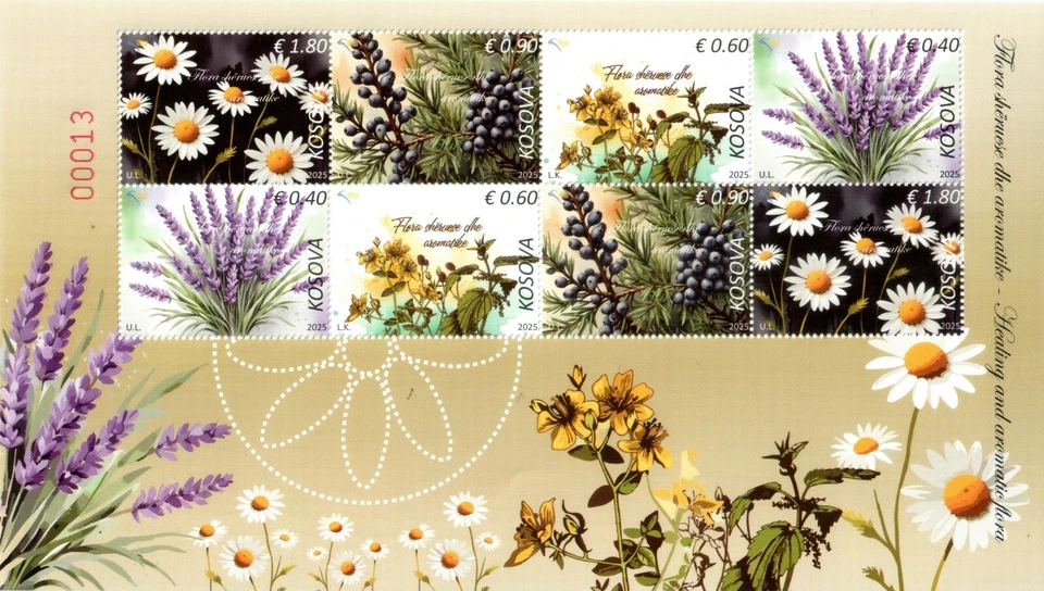 Estampillas de Kosovo 2025. Flora y flores curativas y aromáticas. Mini hoja MNH Foto 1 de 1
