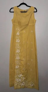 Vintage 60's Tesoro's Yellow W/ Embroidered Flowers Maxi Dress - Picture 1 of 19