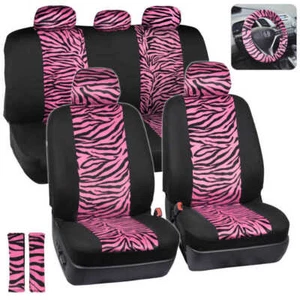 Hot Pink/Black Zebra Animal Print Full Seat Cover Set Fits Car Truck Van- 12 PC - Picture 1 of 12