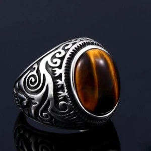 Vintage Oval Tiger Eye Brown Gemstone Ring Men Women Fashion Punk Stainless Stee - Picture 1 of 11