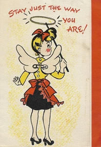 Tarjeta de felicitación Buzza Cardozo vintage de 1940 SEXY DAMA CLAVADA EN ALAS DE ÁNGEL G1 - Imagen 1 de 4